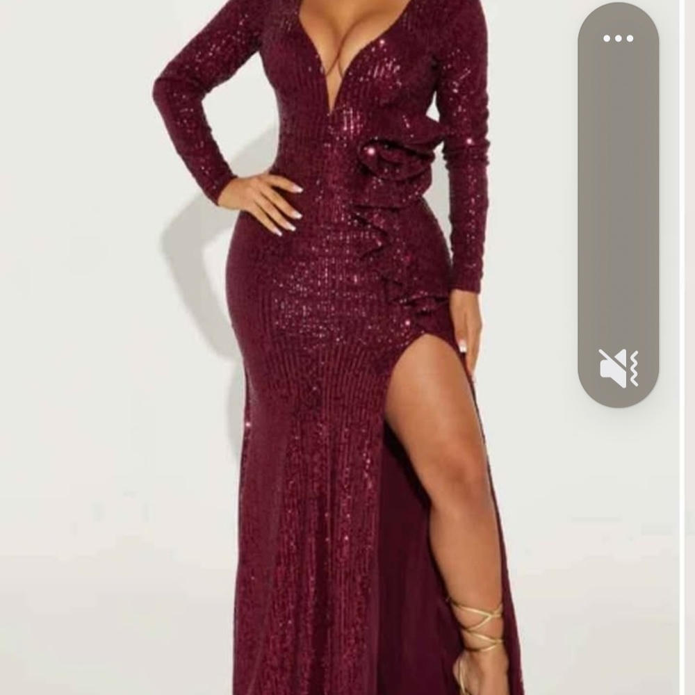 Fashion Nova Burgundy Sequin Long Sleeve High-Slit Gown